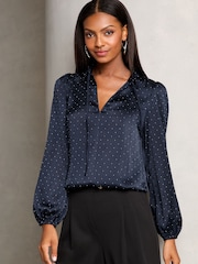 Lipsy Navy Blue Hotfix V Neck Long Sleeve Blouse - Image 1 of 4