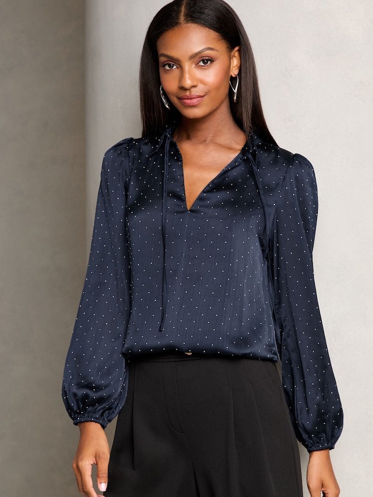 Lipsy Navy Blue Hotfix V Neck Long Sleeve Blouse - Image 1 of 4