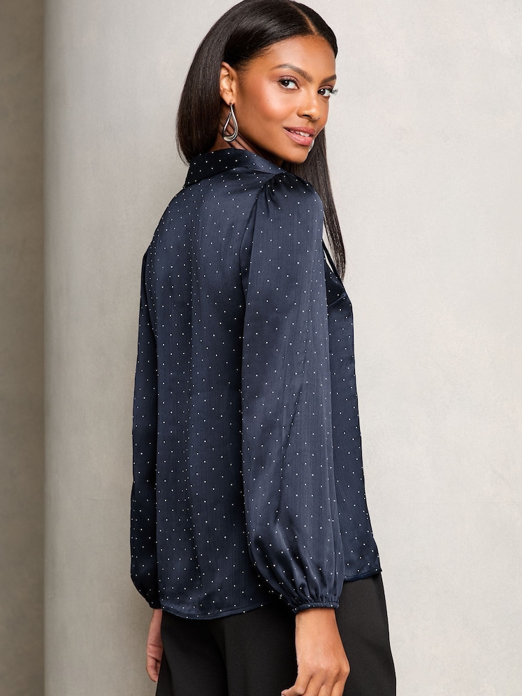 Lipsy Navy Blue Hotfix V Neck Long Sleeve Blouse - Image 4 of 4