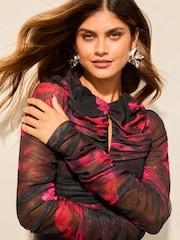 Lipsy Black Ruched Mesh Long Sleeve Top - Image 3 of 4