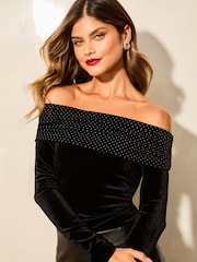Lipsy Black Velvet Hotfix Bardot T-Shirt - Image 1 of 4