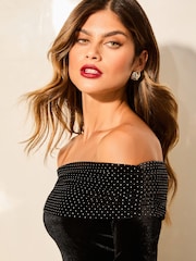 Lipsy Black Velvet Hotfix Bardot T-Shirt - Image 3 of 4