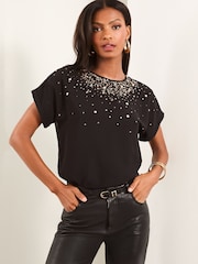 Lipsy Black Embellished Short Sleeve Top - Image 1 of 4