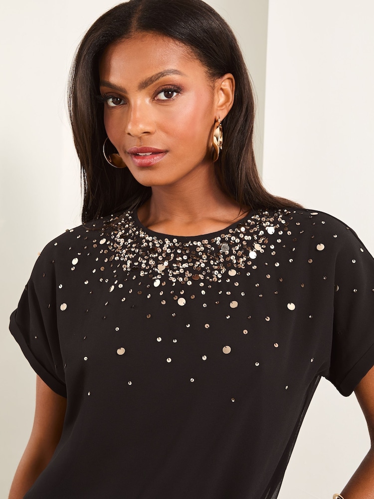 Lipsy Black Embellished Short Sleeve Top - Image 2 of 4 Lipsy Black Embellished Short Sleeve Top - Image 2 of 4