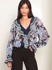 Lipsy Navy Blue Ruffle Front Ruffle Cuff Printed Blouse - Image 1 of 4