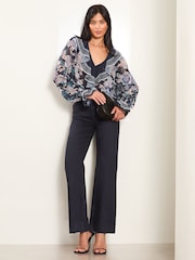 Lipsy Navy Blue Ruffle Front Ruffle Cuff Printed Blouse - Image 2 of 4