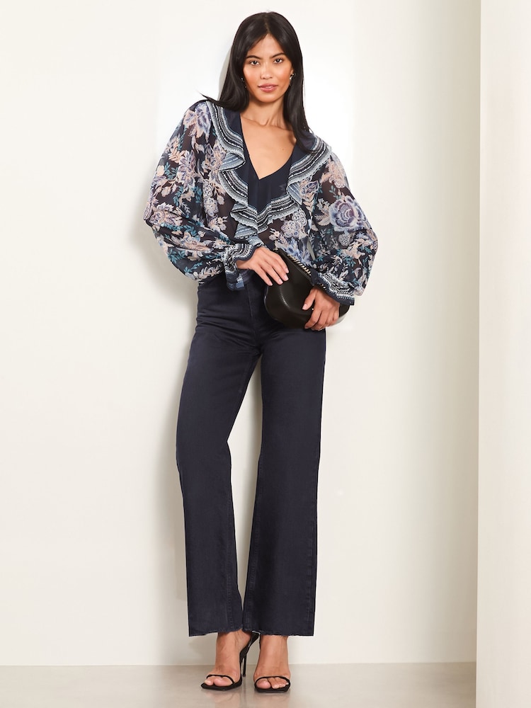 Lipsy Navy Blue Ruffle Front Ruffle Cuff Printed Blouse - Image 2 of 4