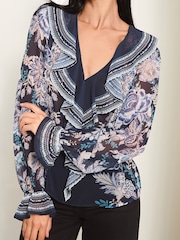 Lipsy Navy Blue Ruffle Front Ruffle Cuff Printed Blouse - Image 3 of 4