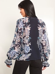 Lipsy Navy Blue Ruffle Front Ruffle Cuff Printed Blouse - Image 4 of 4