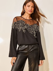 Lipsy Black Gold Beaded Yoke Detail Blouse - Image 1 of 4