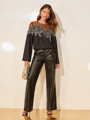 Lipsy Black Gold Beaded Yoke Detail Blouse - Image 3 of 4