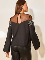 Lipsy Black Gold Beaded Yoke Detail Blouse - Image 4 of 4