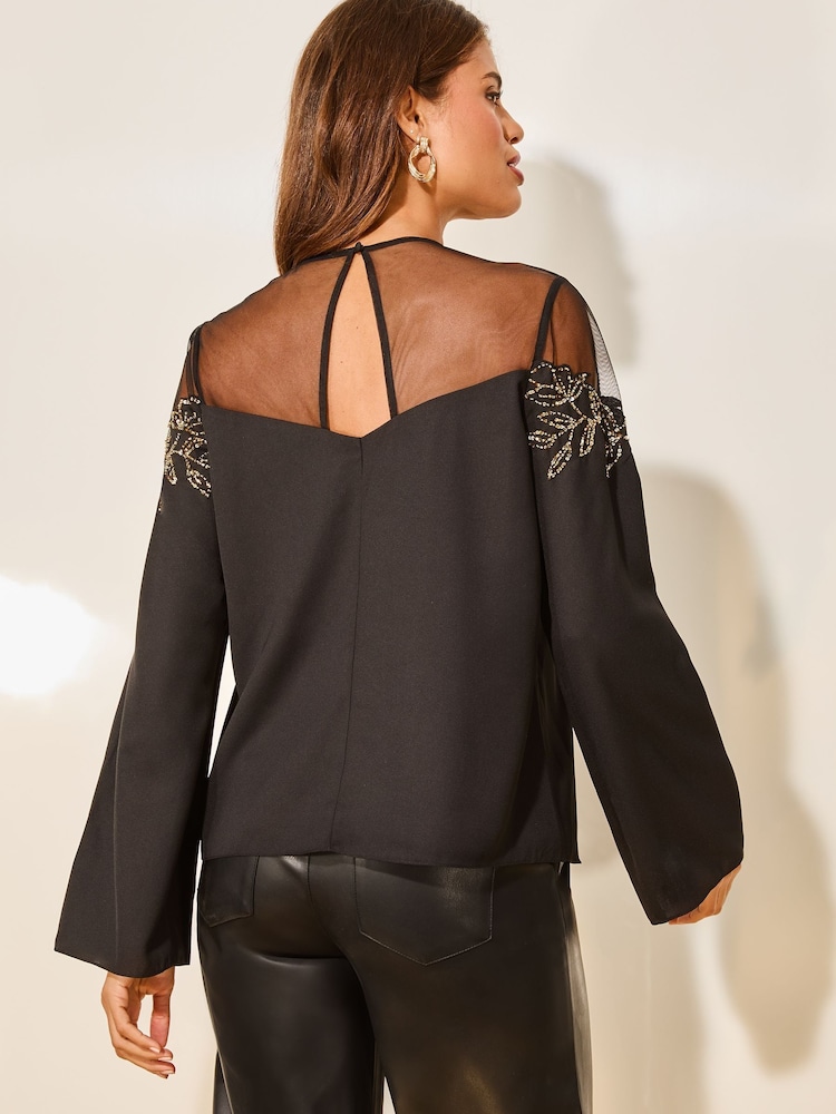 Lipsy Black Gold Beaded Yoke Detail Blouse - Image 4 of 4