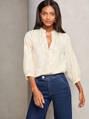 Lipsy Cream Embroidered V Neck Blouse - Image 1 of 4