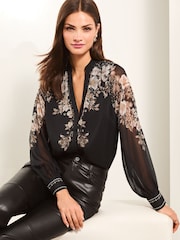 Lipsy Black Button Through V Neck Long Sleeve Printed Blouse - Image 1 of 4
