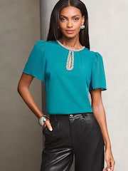 Lipsy Teal Blue Flutter Sleeve Chiffon Blouse - Image 1 of 4