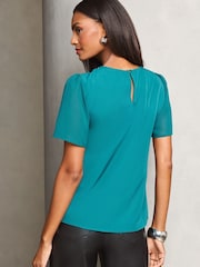Lipsy Teal Blue Flutter Sleeve Chiffon Blouse - Image 4 of 4