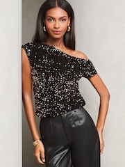Lipsy Black Velvet Sequin Slash Neck T-Shirt - Image 1 of 4