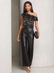 Lipsy Black Velvet Sequin Slash Neck T-Shirt - Image 2 of 4
