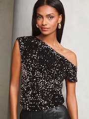 Lipsy Black Velvet Sequin Slash Neck T-Shirt - Image 3 of 4