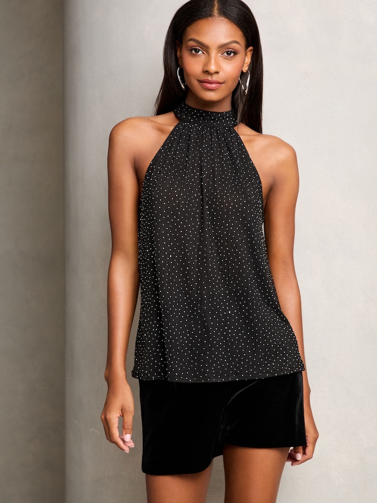 Lipsy Black Hotfix Luxury Embellised Halter Top - Image 4 of 4
