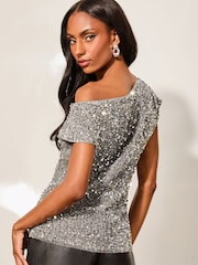 Lipsy Silver Velvet Sequin Slash Neck T-Shirt - Image 4 of 4