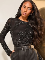 Lipsy Black Luxury Mesh Floral Sequin Detail Top - Image 2 of 4