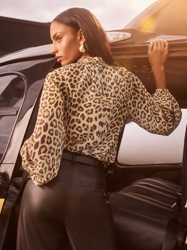 Lipsy Brown Animal High Neck Blouson Blouse - Image 2 of 4