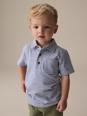 Blue/White Short Sleeve Stripe 100% Cotton Polo Shirt (3mths-7yrs) - Image 1 of 3