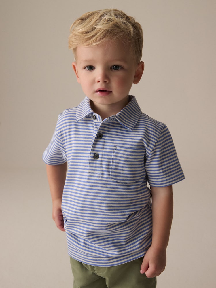 Blue/White Short Sleeve Stripe 100% Cotton Polo Shirt (3mths-7yrs) - Image 1 of 3