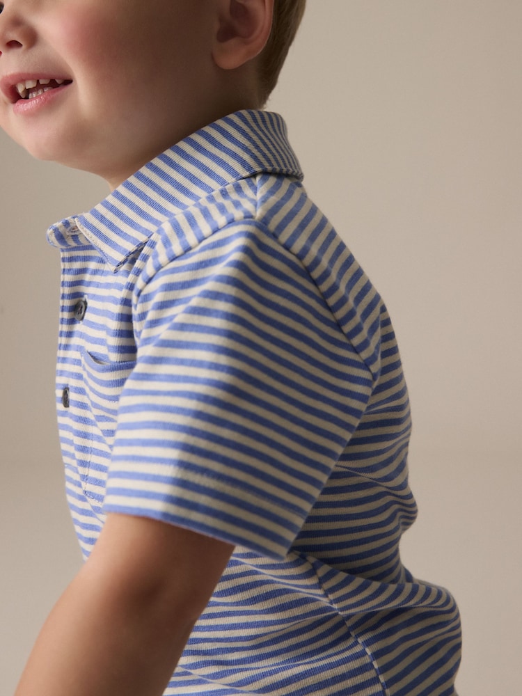 Blue/White Short Sleeve Stripe 100% Cotton Polo Shirt (3mths-7yrs) - Image 3 of 3