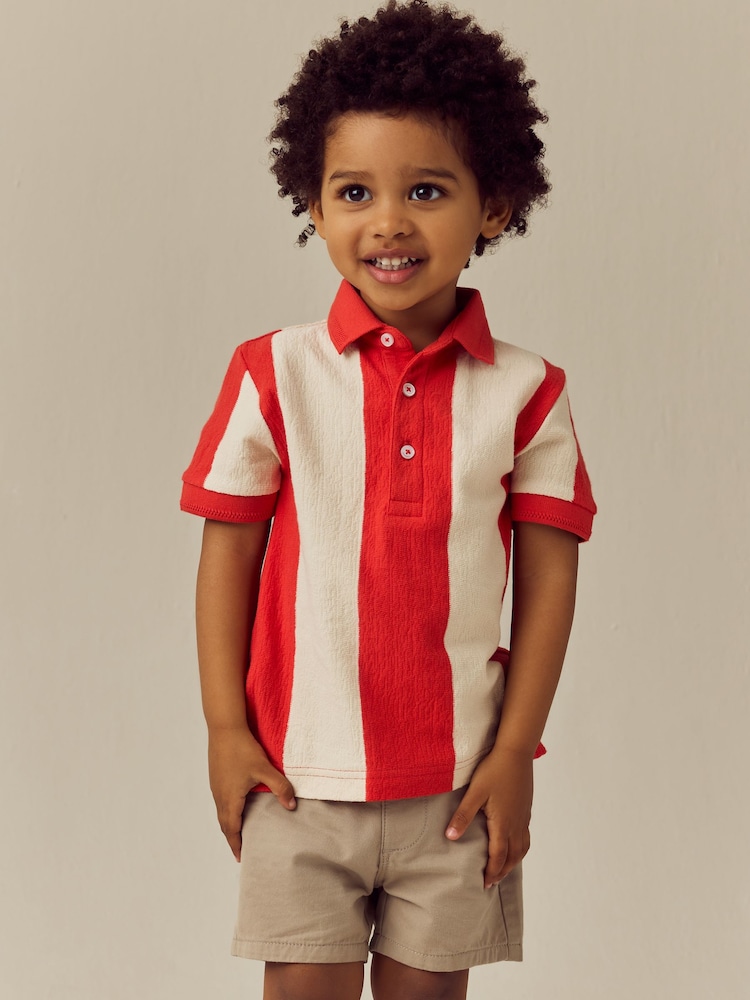 Red/White Stripe 100% Cotton Short Sleeve Textured Polo Shirt (3mths-7yrs) - Image 1 of 8