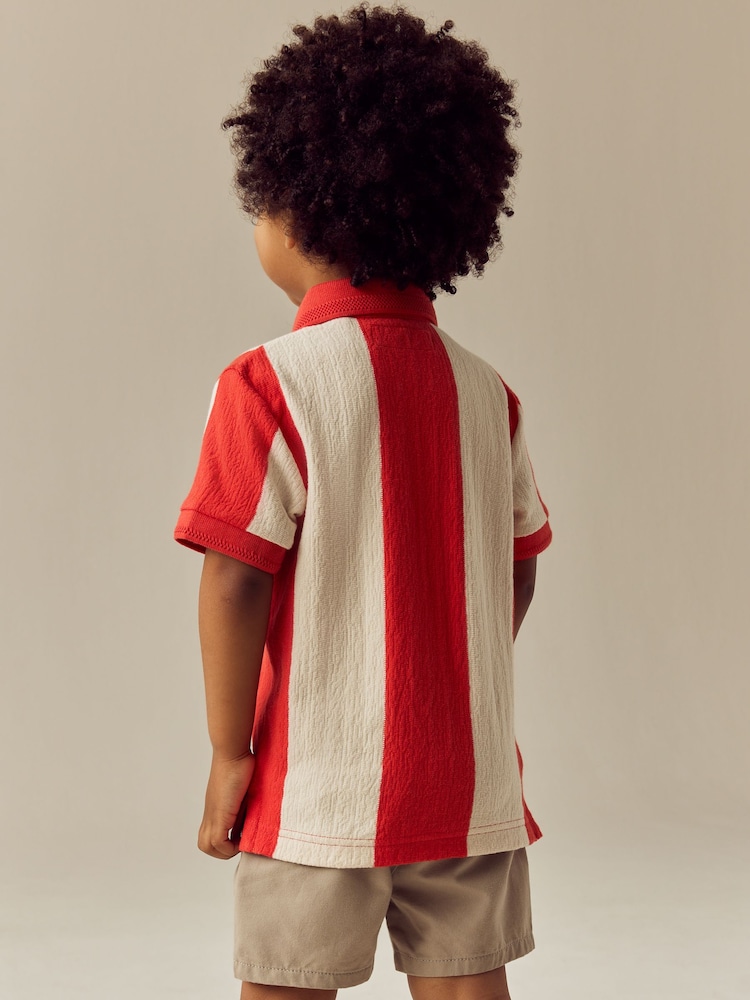 Red/White Stripe 100% Cotton Short Sleeve Textured Polo Shirt (3mths-7yrs) - Image 3 of 8