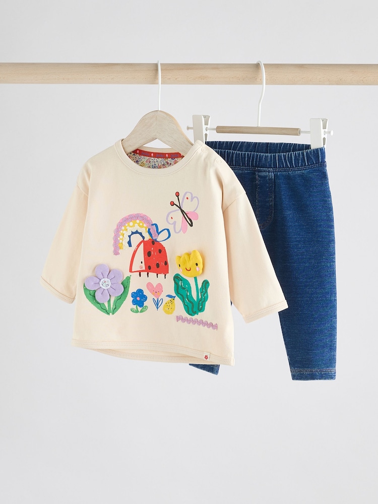 Cream/Blue Character Baby Long Sleeve Top and Leggings Set - Image 1 of 10