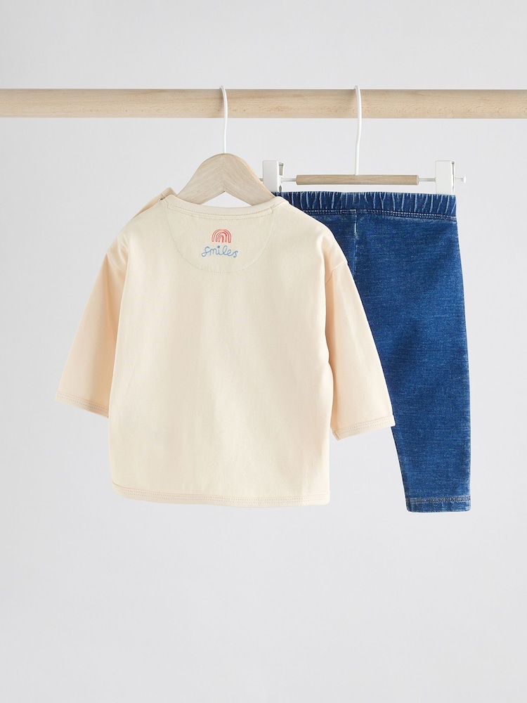 Cream/Blue Character Baby Long Sleeve Top and Leggings Set - Image 4 of 10