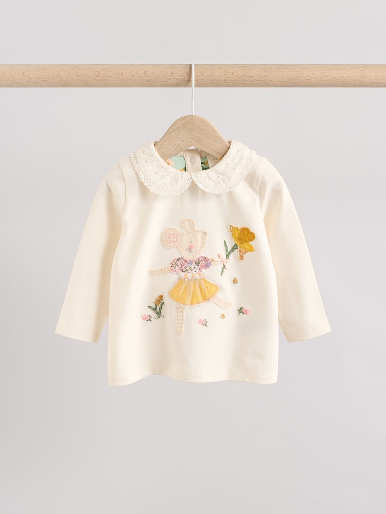 White/Yellow Floral Mouse Baby Long Sleeve Top and Leggings Set - Image 3 of 11