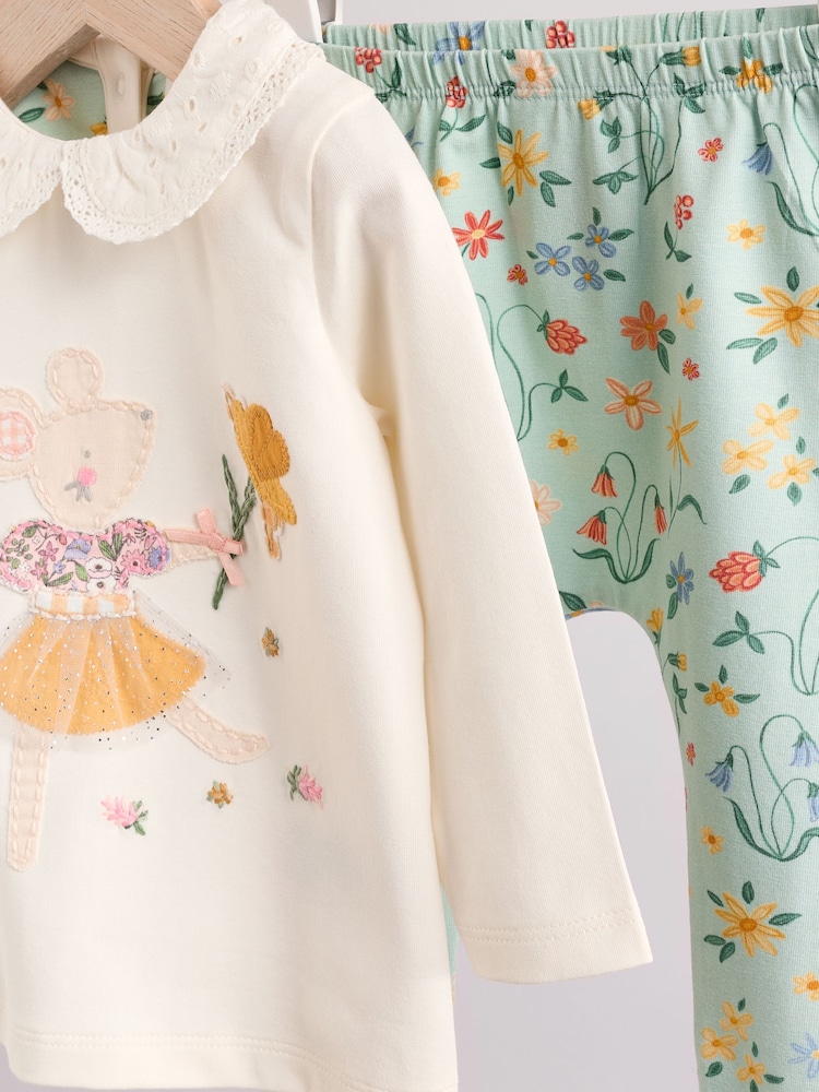 White/Yellow Floral Mouse Baby Long Sleeve Top and Leggings Set - Image 7 of 11
