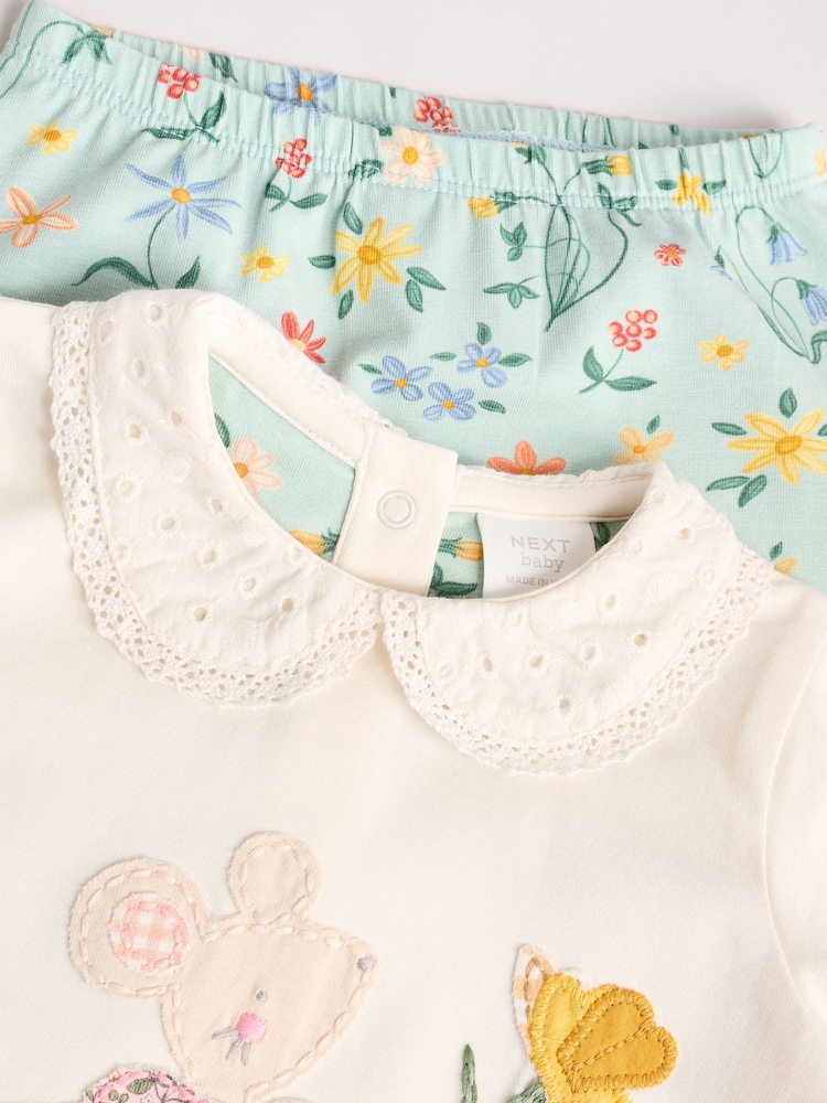 White/Yellow Floral Mouse Baby Long Sleeve Top and Leggings Set - Image 8 of 11