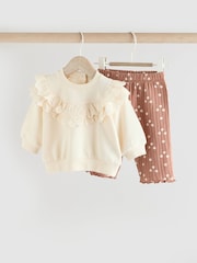 Cream/ Tan Flower Print 2 Piece Baby Sweat Top & Trouser Set - Image 1 of 11