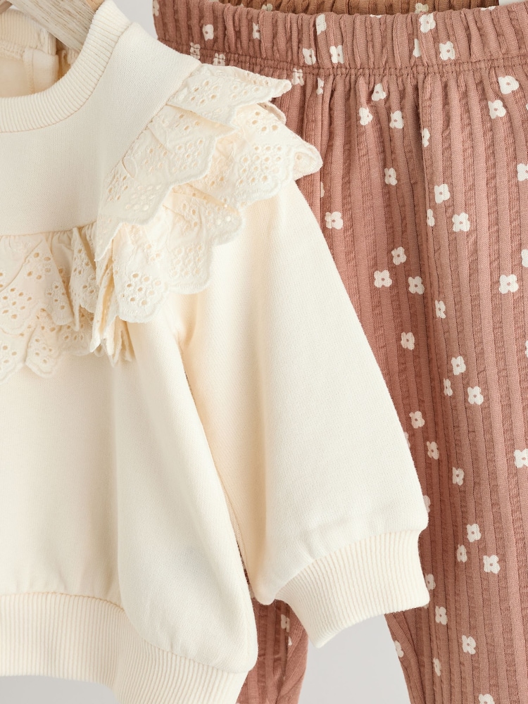 Cream/ Tan Flower Print 2 Piece Baby Sweat Top & Trouser Set - Image 7 of 11