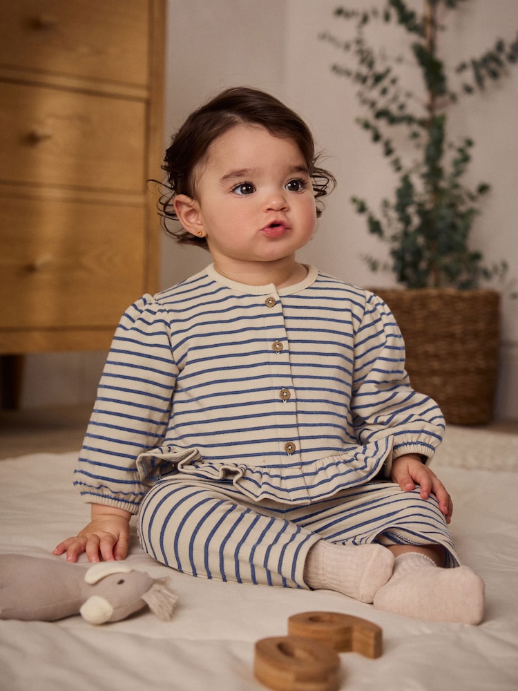 Navy/ White Stripe Frill Hem Baby Sweat Jumper & Trousers Set - Image 1 of 11