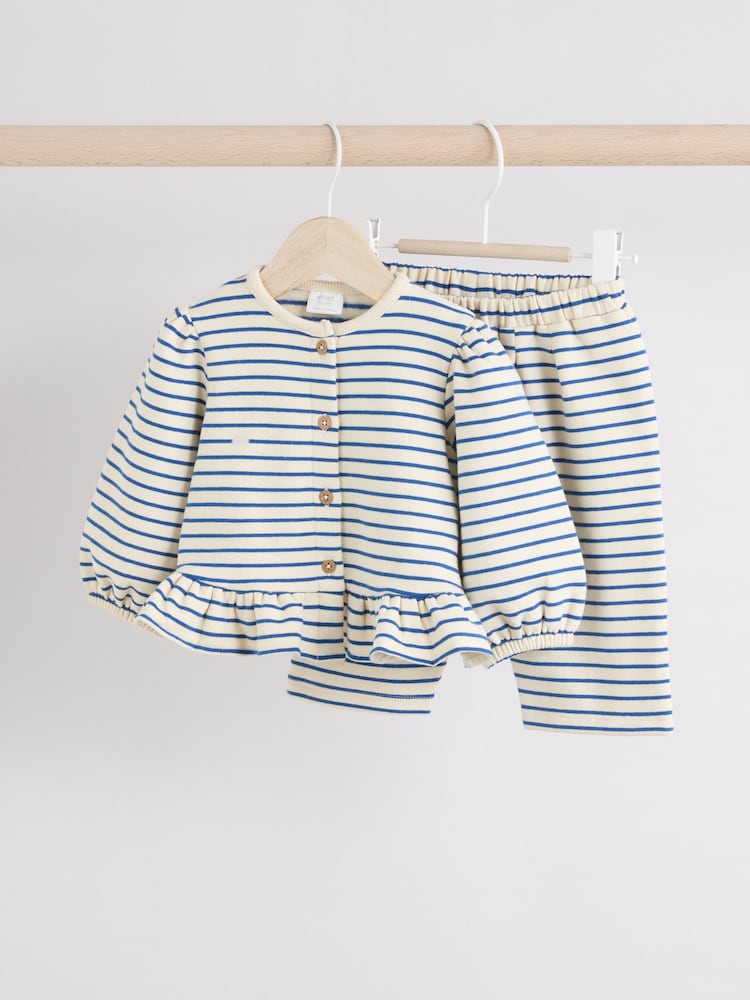 Marineblau/weiß gestreift - Rüschensaum Baby-Sweat-Pullover und -Hose im Set - Bild 2 von 11 Marineblau/weiß gestreift - Rüschensaum Baby-Sweat-Pullover und -Hose im Set - Bild 2 von 11