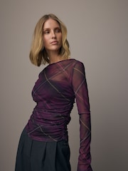 Purple Tartan Print Long Sleeve Ruched Side Mesh Top - Image 1 of 9