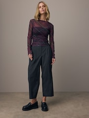 Purple Tartan Print Long Sleeve Ruched Side Mesh Top - Image 2 of 9