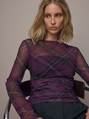 Purple Tartan Print Long Sleeve Ruched Side Mesh Top - Image 3 of 9
