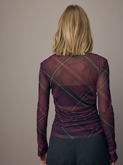 Purple Tartan Print Long Sleeve Ruched Side Mesh Top - Image 4 of 9