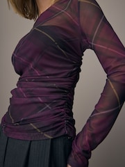 Purple Tartan Print Long Sleeve Ruched Side Mesh Top - Image 6 of 9