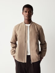 Neutral Faux Suede Bomber Jacket - Image 1 of 5