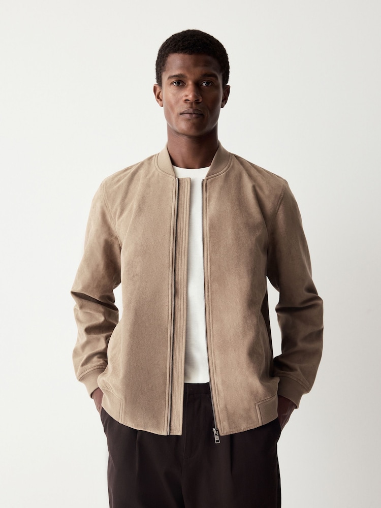 Neutral Faux Suede Bomber Jacket - Image 1 of 5