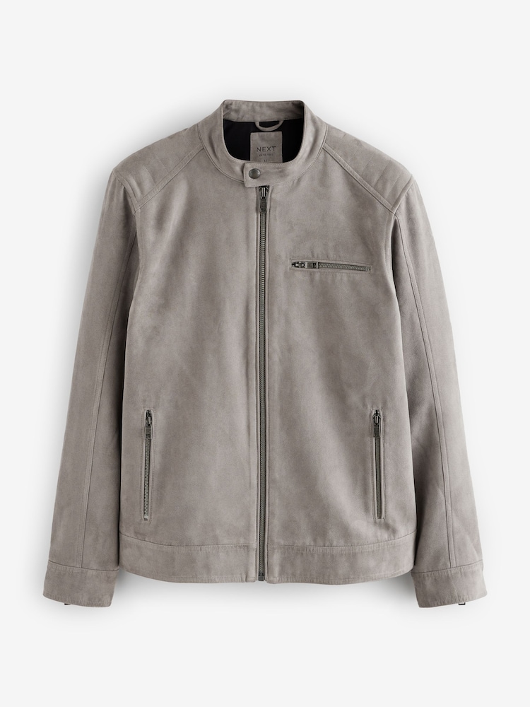 Grey Faux Suede Racer Jacket